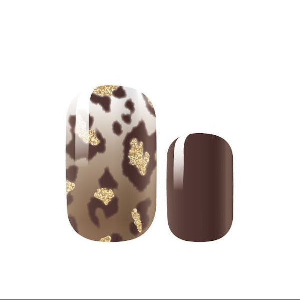 Two nail designs on a white background, one with leopard print pattern and gold accents, the other solid brown.