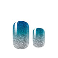 Two blue and silver gradient nail art designs on a white background