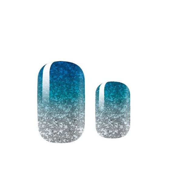 Two blue and silver gradient nail art designs on a white background