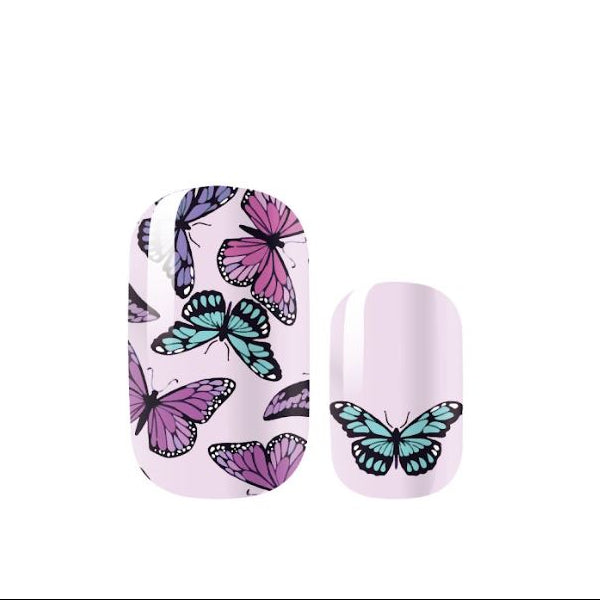 Nail art design with colorful purple butterflies