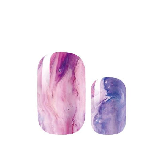 Two marbled nail art designs in pink and purple on a white background
