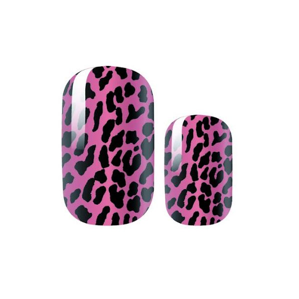 Two pink nail wraps with black leopard print pattern on a white background