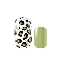Nail wraps with leopard print design and solid green color on a white background