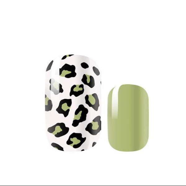 Nail wraps with leopard print design and solid green color on a white background