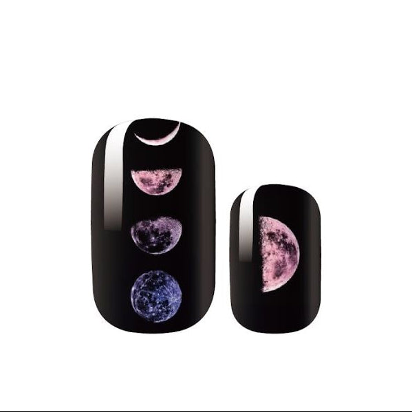 Nail art designs with moon phases on a white background