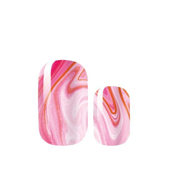 Marbled pink and orange nail art design on a white background