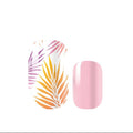 nail wrap design with pink, purple, and orange palm tree leaves.