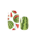 Two nail wraps with a watermelon design on a white background.