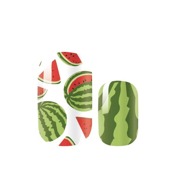 Two nail wraps with a watermelon design on a white background.